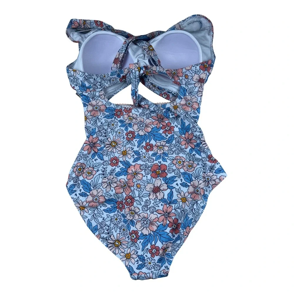 B2PRITY Floral One‎ Piece Swimsuit Blue Pink Cutout Wrap Front Medium NWT
